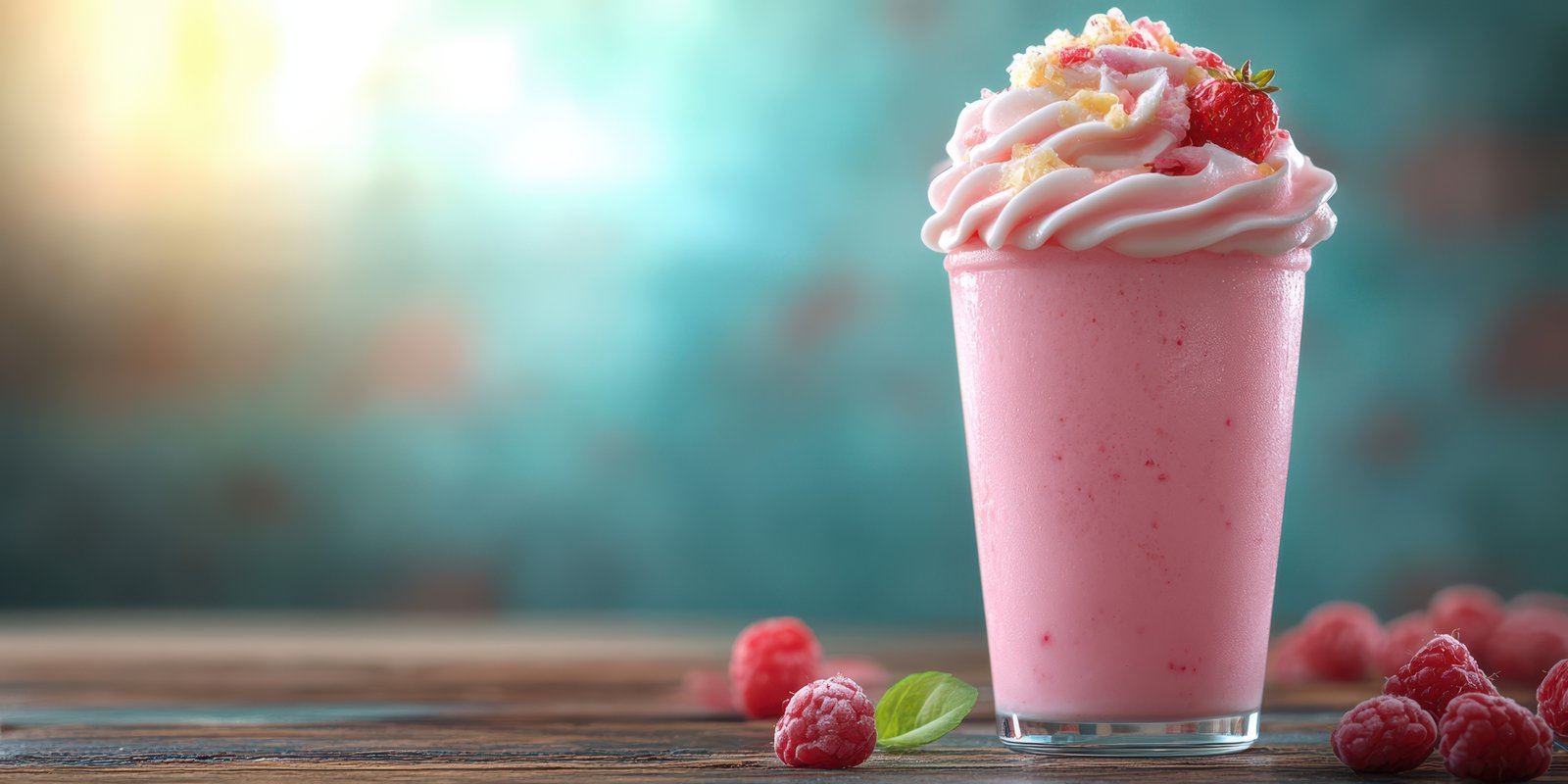Refreshing raspberry milkshake served in a glass with whipped cream and toppings in a vibrant setting